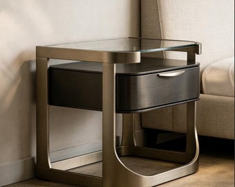 Modern Minimalist Bedroom Nightstand, Two-Tier Glass Storage, Metal Accent Bedside Table