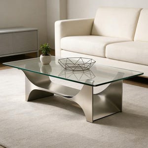 Mesa de centro rectangular moderna de cristal, mesa de centro de dos niveles con estructura curva de metal cepillado, mesa de lujo para sala de estar.