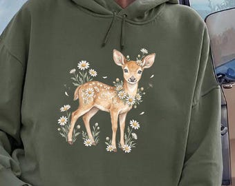 Maglietta Comfort Colors con margherite e cerbiatto ad acquerello, maglietta con grazioso cerbiatto floreale, felpa con animali in stile cottagecore, felpa con cappuccio con fiori primaverili stravaganti, regalo