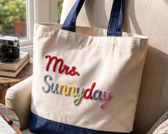 Fru-tygväska, färgglad bröllopspresent, smekmånadsväska till nyblivna fruar, estetik för soliga dagar, söt lärarväska, broderad med regnbågsbokstäver, sommarväska