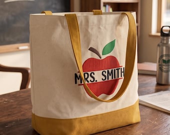 Anpassad lärarväska med färgat broderi, personlig gul canvasväska, Mrs Smith Apple-present, nyckfull skolväska för campus