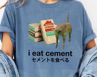 Camiseta Comfort Colors "I Eat Cement", camiseta divertida con meme de gato distorsionado, sudadera irónica con texto japonés de gato, regalo sarcástico y extraño para amantes de los animales.