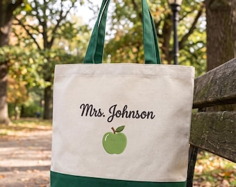 Anpassad lärarväska med färgat broderi, personlig grön canvasväska, Mrs Johnson Apple-gåva, nyckfull skolboksväska för klassrummet