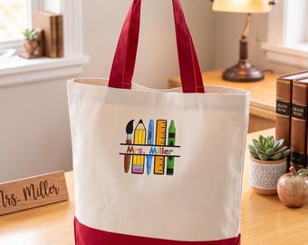 Anpassad lärarväska med färgat broderi, personlig skolmaterialväska med monogram i canvas, Mrs Miller-gåva för skolan