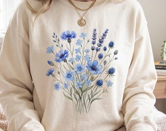 Comfort Colors Blue Wildflower Shirt, Vintage Botanical Floral Tee, Cottagecore Lavender Cornflower Sweatshirt, Nature Lover Gift for Her