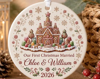 Our First Christmas Married Ornament 2026, Custom Gingerbread Castle Newlywed Gift, Personalized Couple Name Tree Decor, Mr Mrs Keepsake