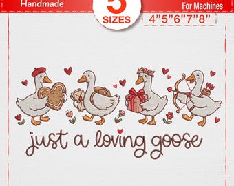 Disegno da ricamo per oca di San Valentino, divertente felpa con anatra civettuola, simpatico animale, cuore d'amore, oca sciocca, file per macchina