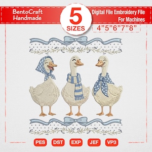 May include: Digital embroidery file featuring three smiling geese wearing scarves and bonnets. The design includes decorative borders with bows and floral accents. The file is available in 5 sizes: 4", 5", 6", 7", and 8".