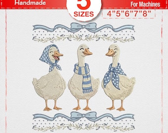 Blue Coquette Goose Embroidered, Goose Sweatshirt Row, Winter Scarf Duck Row, Cottagecore Farm Animal, Baby Boy Machine Embroidery