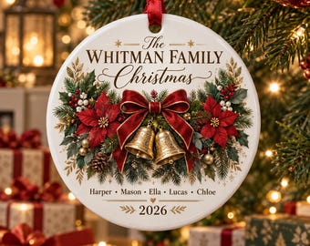 Personalized Traditional Family Christmas Ornament 2026, Custom Poinsettia Wreath Keepsake, Elegant Golden Bells Tree Decor, Family Gift