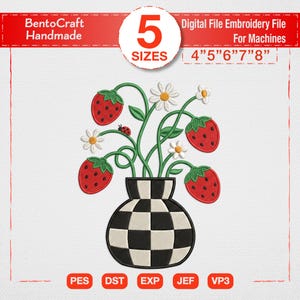 Checkerboard Vase Strawberry Embroidery Design, Modern Groovy Flower Machine Embroidery File, Cute Cottagecore Berry Pattern PES DST JEF