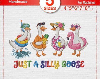 Just A Silly Goose Embroidery Design, Summer Goose Machine Embroidery File, Beach Duck Pun Pattern, Vacation Vibes PES DST JEF, Funny Bird