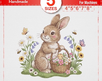 Ricamo coniglietto pasquale vintage, coniglio da favola con cestino, giardino di fiori selvatici primaverili, motivo margherita campanula, vivaio di cimeli, digitale