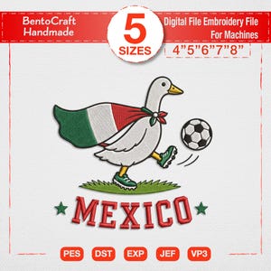 Divertente disegno per ricamo di un'anatra calciatrice, simpatico uccellino che gioca a calcio, file per ricamo a macchina, download digitale per tifosi sportivi messicani