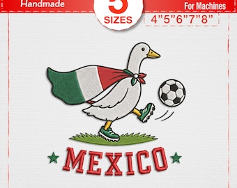 Rolig fotbolls-anka broderidesign, söt fågel som spelar fotboll maskinbroderifil, mexikansk sportfan digital nedladdning