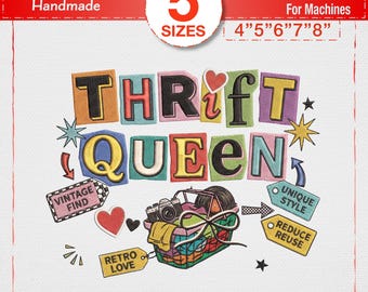 Ricamo Thrift Queen, design "Preferirei fare shopping nell'usato", stile vintage, arte della moda sostenibile, file per acquisti nell'usato retrò