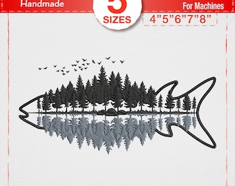 Fish Forest Reflection Embroidery Design, Nature Fly Fishing Machine Embroidery File, Wilderness Tree Pattern, Cabin Decor