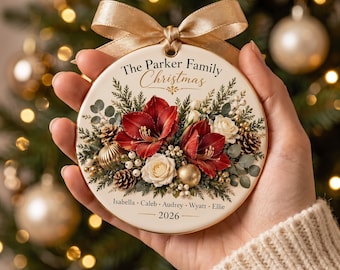 Personalized Amaryllis Family Christmas Ornament 2026, Custom Botanical Floral Keepsake, Elegant Family Names Tree Decor,Luxury Holiday Gift