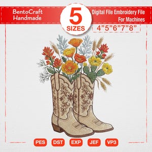 Broderifil med blommiga cowboystövlar, Western Wildflower Cowgirl-design, rustikt boho-stövlar broderimönster