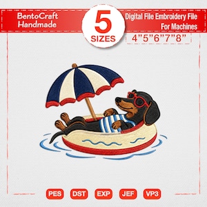 Diseño de bordado de verano de perro salchicha, lindo archivo de bordado a máquina de perro salchicha para la playa, flotador de piscina Doxie Pes, cachorro patriótico del 4 de julio Jef