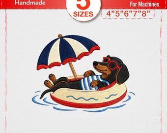 Tax sommarbroderidesign, söt wienerhund strandmaskinbroderifil, Doxie poolmatta Pes, 4 juli patriotisk valp Jef