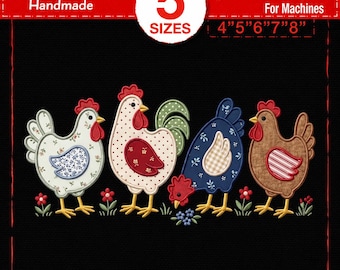 Chicken Applique Embroidery Design, Farmhouse Rooster Digital File for Machine, Cute Hen Pattern PES DST JEF, Quirky Country Kitchen Decor