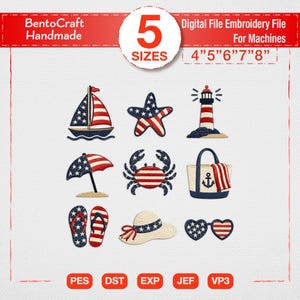 May include: A digital embroidery file set by BentoCraft Handmade featuring 5 sizes from 4 to 8 inches. The designs include a sailboat, starfish, lighthouse, beach umbrella, crab, tote bag with anchor, flip-flops, sun hat, and heart-shaped sunglasses.