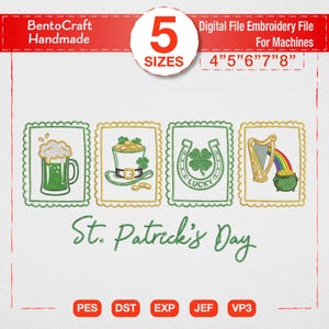 Puede incluir: Conjunto de archivos de bordado digital para el Día de San Patricio. El diseño incluye una jarra de cerveza verde, un sombrero de duende, una herradura con un trébol de cuatro hojas y un arpa con un arcoíris. También se incluye el texto "St. Patrick's Day". Disponible en 5 tamaños.