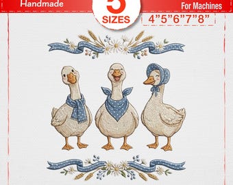 Bauernhaus Gans Stickdatei, Trio von Gänsen Maschinendesign, rustikale Küchendekor Download, Cottagecore Vogel Art