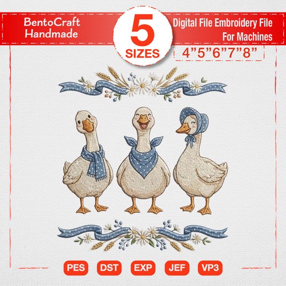 Farmhouse Goose Embroidery File, Trio of Geese Machine Design, Rustic Kitchen Decor Download, Cottagecore Bird Art