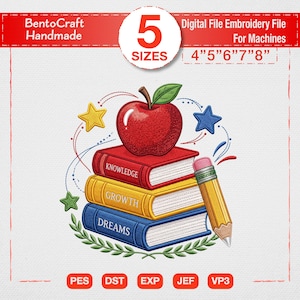 Teacher Embroidery Design, Back to School Embroidery File, Apple Book Stack, School Embroidery, Classroom Gift, Pencil Design