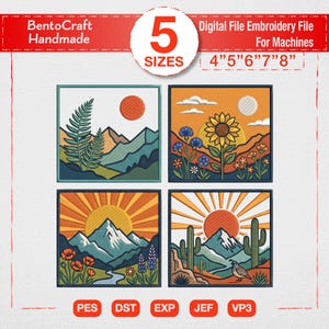 May include: Four square embroidery designs with nature themes are shown. Each design features mountains, suns, and plants. The image also displays the text "BentoCraft Handmade", "5 SIZES", and "Digital File Embroidery File For Machines 4"5"6"7"8"".