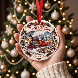 May include: A round white ceramic Christmas ornament featuring a red steam train traveling through a snowy landscape. The ornament displays the text Merry Christmas and the year 2026, framed by holly leaves and a red ribbon hanger at the top.