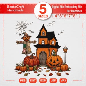 Spooky Haunted House Embroidery Design, Halloween Scarecrow Machine Embroidery File, Pumpkin Patch Patterns, Autumn Digital Download PES DST