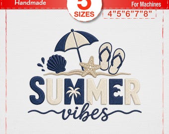 Broderidesign med sommarvibbar, maskinbroderifil med kuststrand, marinblå palmträdflipflops, nautisk semestertröja med Jef