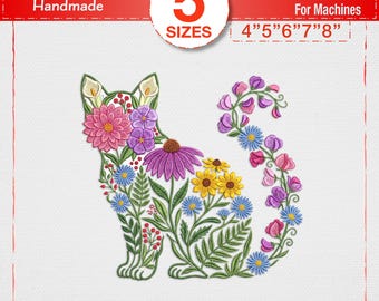 Floral Cat Embroidery Design Machine Digital File, Wildflower Garden Kitten Pattern, Cottagecore Animal Dst Pes Jef Exp Instant Download