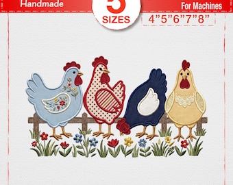 Farmhouse Chicken Embroidery Design, Country Rooster Applique File for Machine, Cute Hen Fence Pattern PES DST JEF, Rustic Kitchen Decor