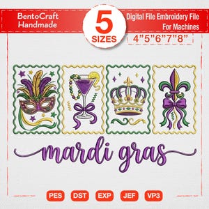 Könnte beinhalten: Digitales Stickmuster für Maschinen mit Mardi Gras-Designs. Enthält eine Maske, einen Cocktail, eine Krone und eine Fleur-de-Lis in Lila, Grün und Gold. Der Text "mardi gras" ist kursiv. Erhältlich in 5 Größen.