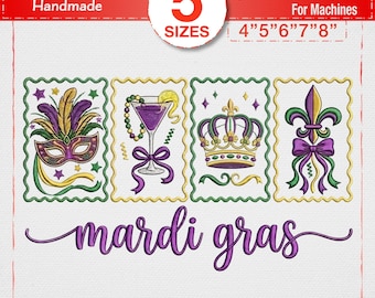 Disegno per ricamo con francobolli di Mardi Gras, motivo a righe con icone di New Orleans, corona di maschere con giglio, cocktail party, download immediato
