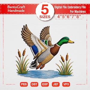 Mallard Duck Embroidery Design, Flying Bird Machine Embroidery File, Realistic Wildlife Digital Pattern 4 5 6 7 8 Inch, Instant Download