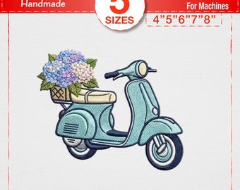 Broderidesign för vintageskoter med hortensior, maskinbroderifil med mintgrönt Vespa-blomkorg, mönster för europeisk sommarresa