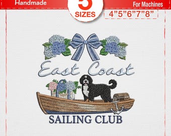 Broderidesign för East Coast Sailing Club, maskinbroderifil med kusthund på båt, preppy hortensia och hummermönster, nautisk konst