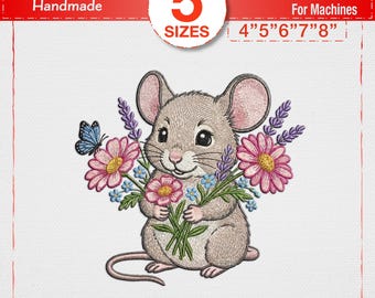 Söt mus med blommor broderidesign, liten fältmus maskinbroderifil, nyckfullt skogsdjursmönster, vårmus