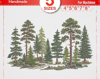 Outdoor Abenteuer Kiefernwald Stickdatei, Berglandschaft Stickdatei, Natur Wildnis Wald Muster PES DST