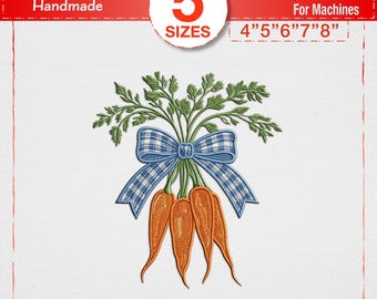 Blå ginghammorotsbroderidesign, vårmorotsmaskinbroderifil, påskbroderimönster med rosett, broderidesign med trädgårdsgrönsaker