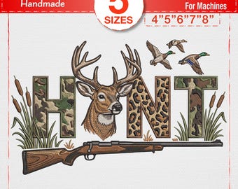 Jaktbroderifil HUNT Design, Hjort Bock Jaktgevär Anka Kamouflage Broderi, Utomhus Jägare Vilda Djur Design