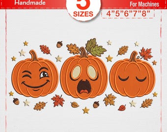 Söta pumpor maskinbroderidesign, Halloween broderifil, höstpumpans ansikte digital nedladdning, hösttrio broderimönster
