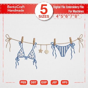 May include: A digital embroidery file design featuring a blue and white bikini top with a floral pattern and matching striped bikini bottoms hanging on a rope with wooden clothespins, a starfish, and a seashell. Text includes 5 SIZES 4" 5" 6" 7" 8".