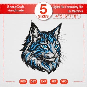 Maine Coon Cat Embroidery Design Machine Digital File, Neon Blue Cyberpunk Kitten Pattern, Cool Pet Animal Dst Pes Jef Exp Download
