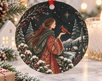 Red Cardinal Memorial Christmas Ornament 2026, Vintage Folk Art Woman Bird Decor, Bereavement Sympathy Gift, Angels Are Near Tree Keepsake